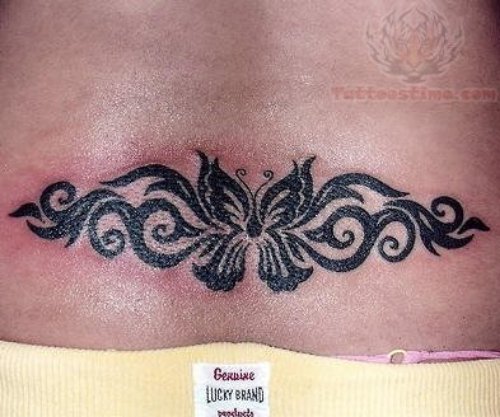 Tribal Butterfly Black Ink Lowerback Tattoo